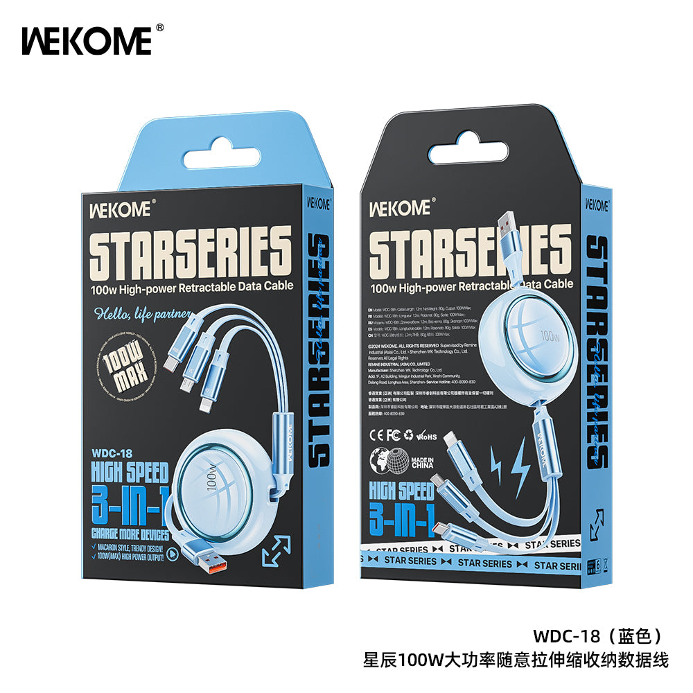 WEKOME WDC-18 Highpower 3 in 1 Retractable Data Cable 100W USB TO Micro / Type-C / iPh WEKOME WDC-18 Highpower 3 in 1 Retractable Data Cable 100W USB TO Micro / Type-C / iPh